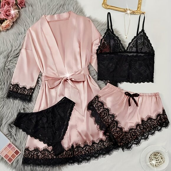 Women's Silky Satin Pajama Set Lingerie Floral Lace Suspender Nightgown 4 Pc Set - Picture 3 of 8